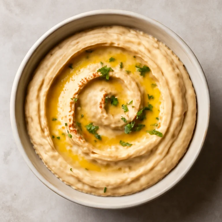 Prebiotikus fokhagymás hummus tálalva, olívaolajjal meglocsolva