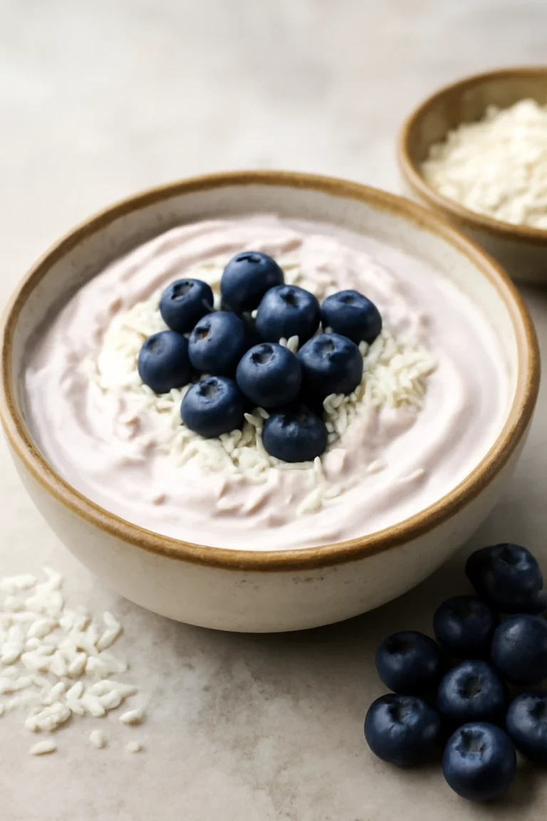 Probiotikus áfonyás-kókuszos joghurt, tálalva friss áfonyával és kókuszreszelékkel