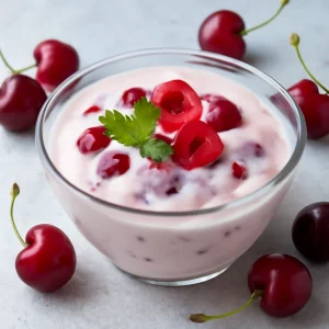 Friss, egészséges joghurt, cseresznyével tálalva