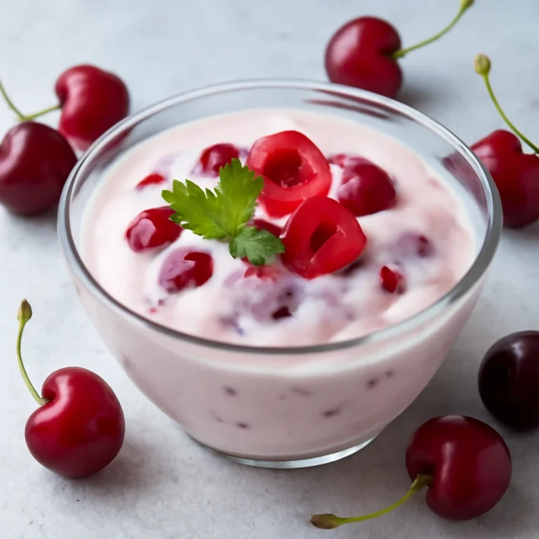 Probiotikus cseresznyés joghurt tálalva, friss cseresznyével