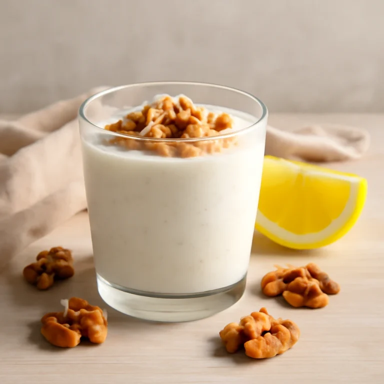 Probiotikus Dióval ízesített kefir tálalva, dióval és friss citromlével díszítve