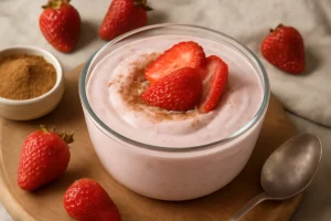 Friss, egészséges joghurt eperrel és fahéjjal