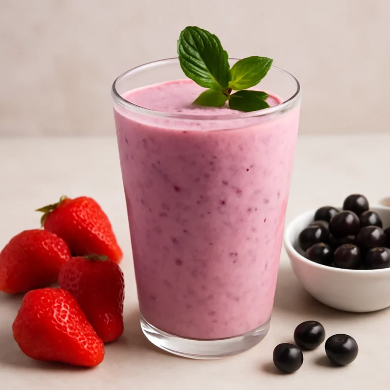 Probiotikus Eper-feketeribizli kefir friss mentalevelekkel díszítve
