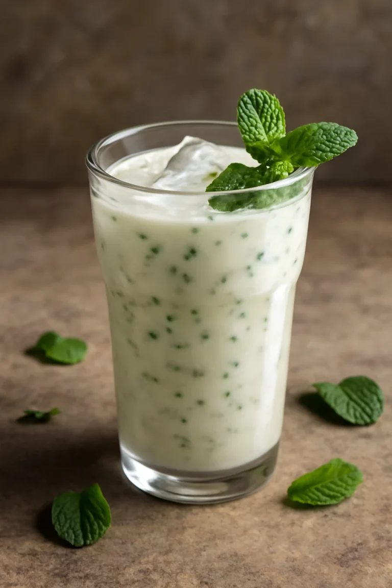 Friss borsmentás kefir egy pohárban jégkockákkal és borsmenta levelekkel