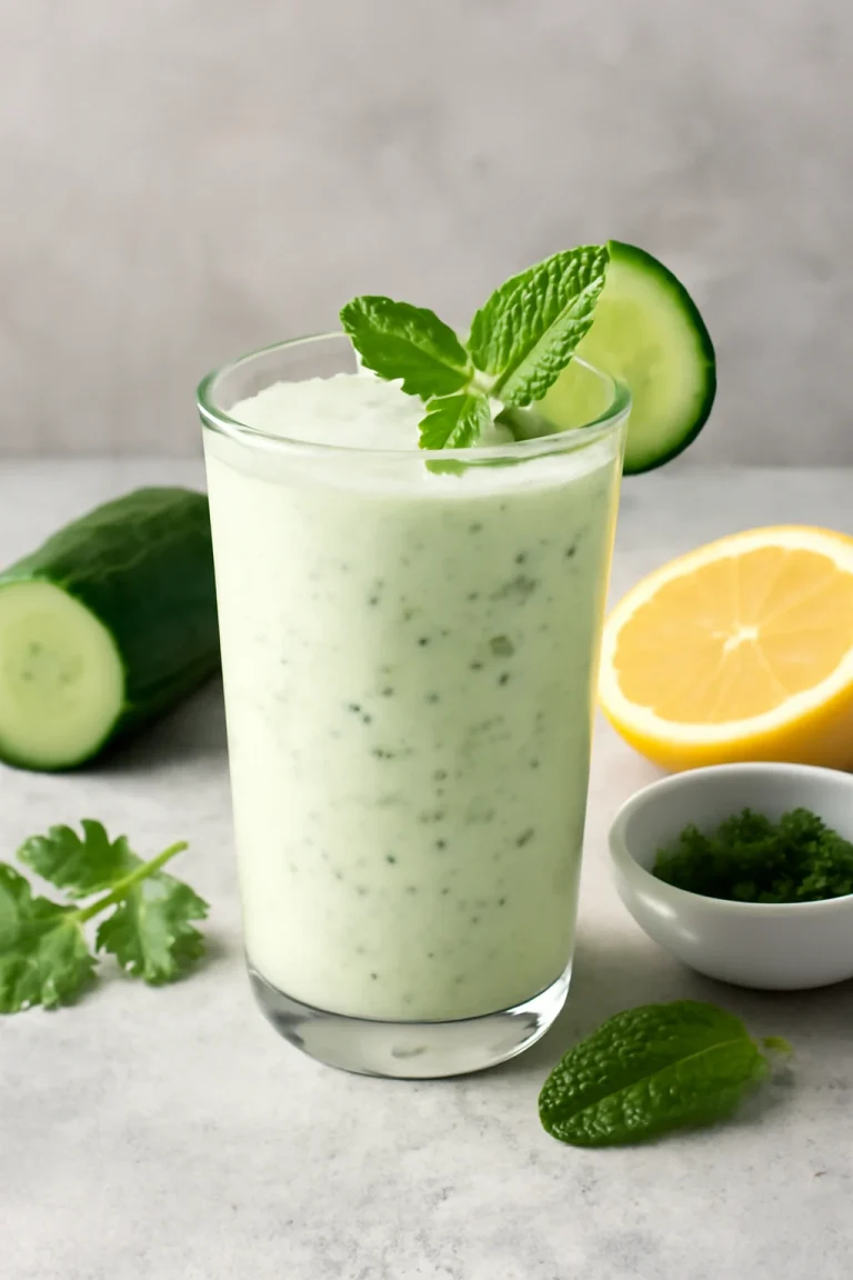 Probiotikus friss fűszeres kefir, uborkával, korianderrel és mentával díszítve