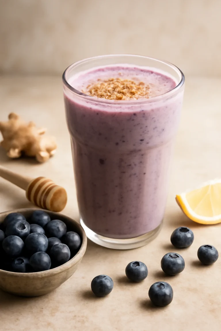 Probiotikus fűszeres áfonyás kefir, friss áfonyával tálalva