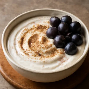 Frissítő szőlős joghurt, fahéjjal és mentával díszítve