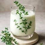 Probiotikus Kakukkfű kefir tálalva egy pohárban, friss kakukkfű ágakkal