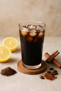 Kávés kombucha friss citrommal és fahéjjal tálalva