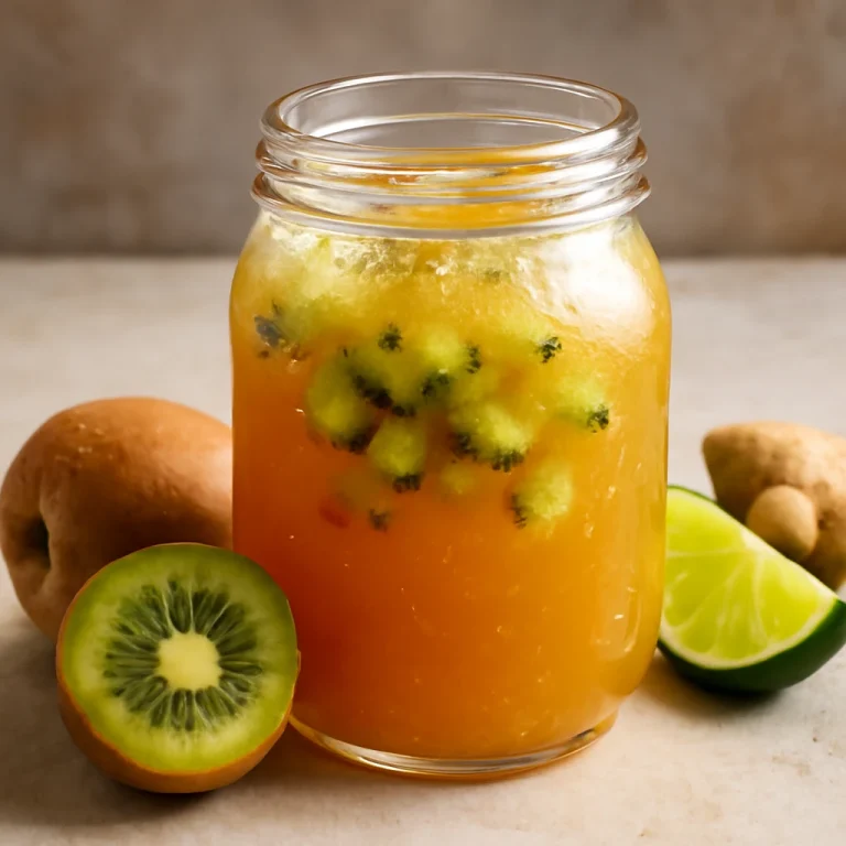Probiotikus Kivifruit kombucha, friss kivi gyümölccsel és lime-mal tálalva