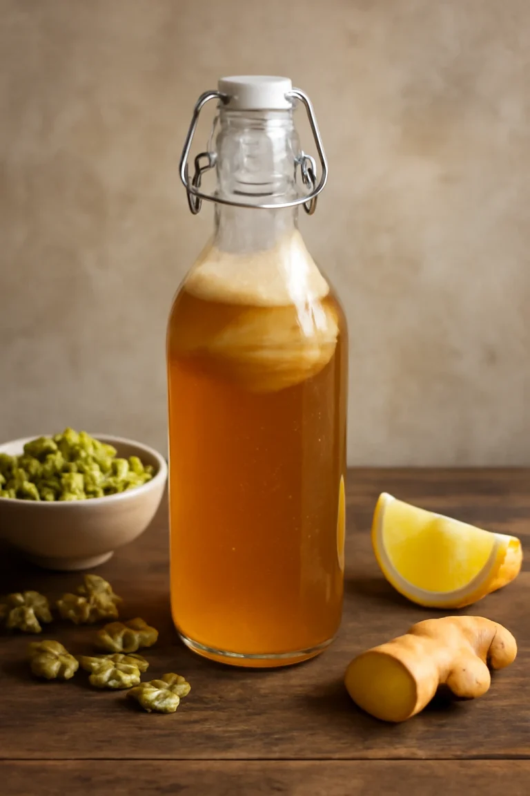 Probiotikus komló kombucha, frissítő ital komlóvirággal és citruslével tálalva