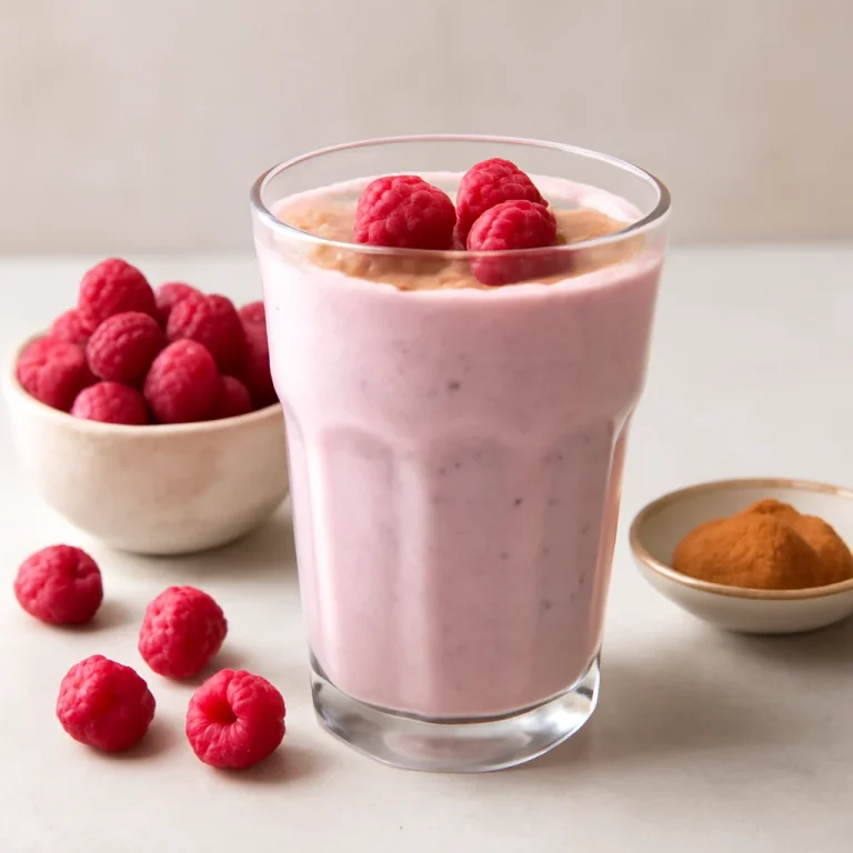 Probiotikus Málnás-fahéjas kefir pohárban, friss málna díszítéssel