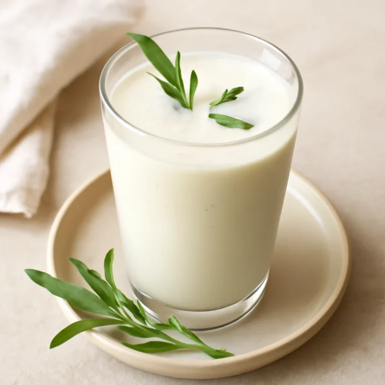 Probiotikus Tárkonyos kefir tálalva egy pohárban, friss tárkony ágakkal