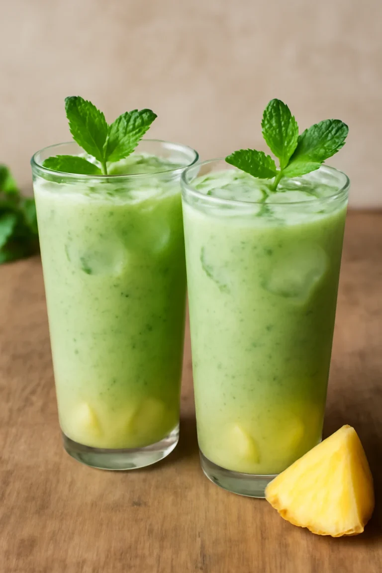 Probiotikus zöld tea-ananászos kefir friss mentával díszítve