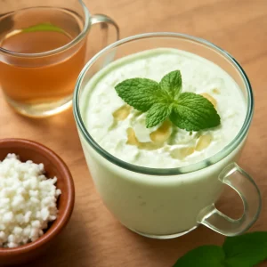 Frissítő kefir ital zöld teával és túróval, friss mentával díszítve.