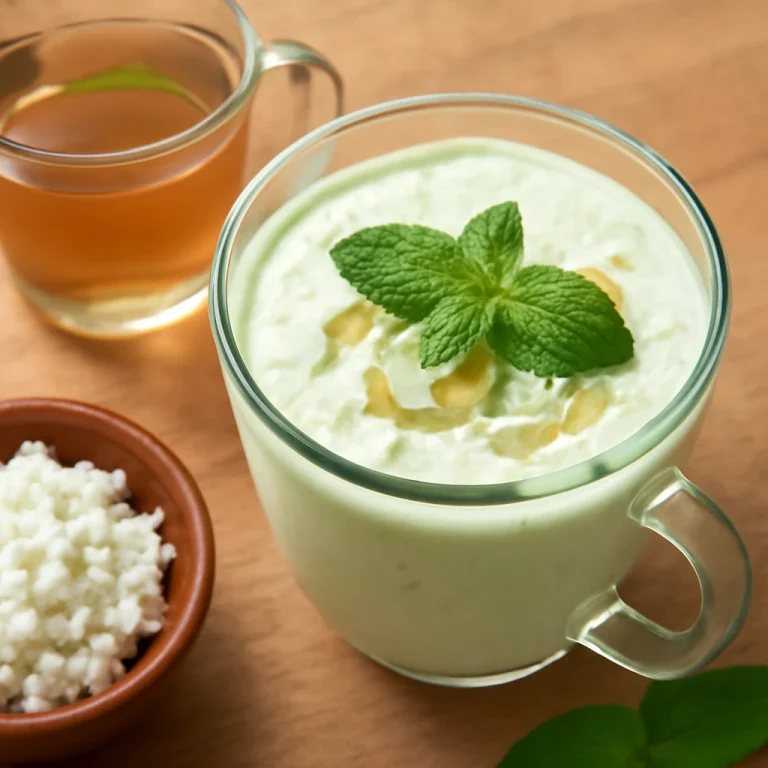 Probiotikus zöld tea-túrós kefir, friss mentával díszítve.