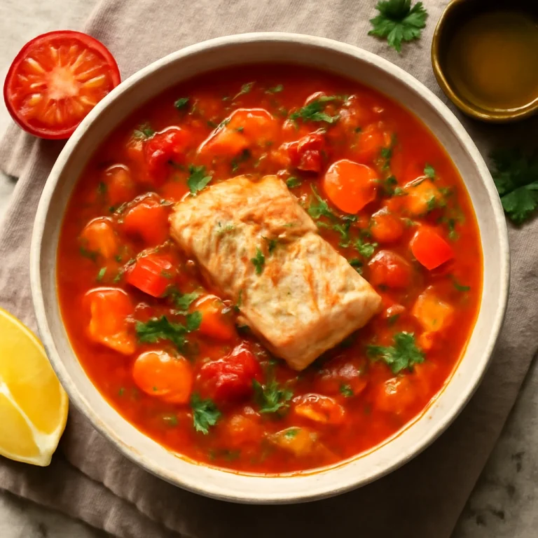 Psarosoupa paradicsommal, gazdag halleves tálalva friss olívaolajjal és citromlével