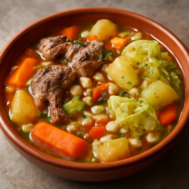 Puchero de cordero tálalva, gazdag bárányhússal és zöldségekkel