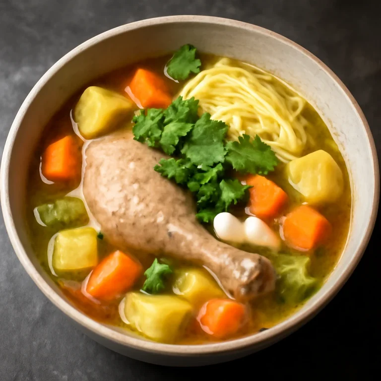 Puchero de gallina, csirkés és zöldséges latin-amerikai leves, friss korianderrel díszítve.