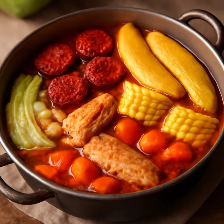 Puchero filipino, gazdag zöldségekkel, chorizóval, banánnal és káposztával tálalva