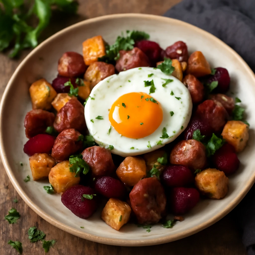 Friss, gazdag pyttipanna céklával és tükörtojással