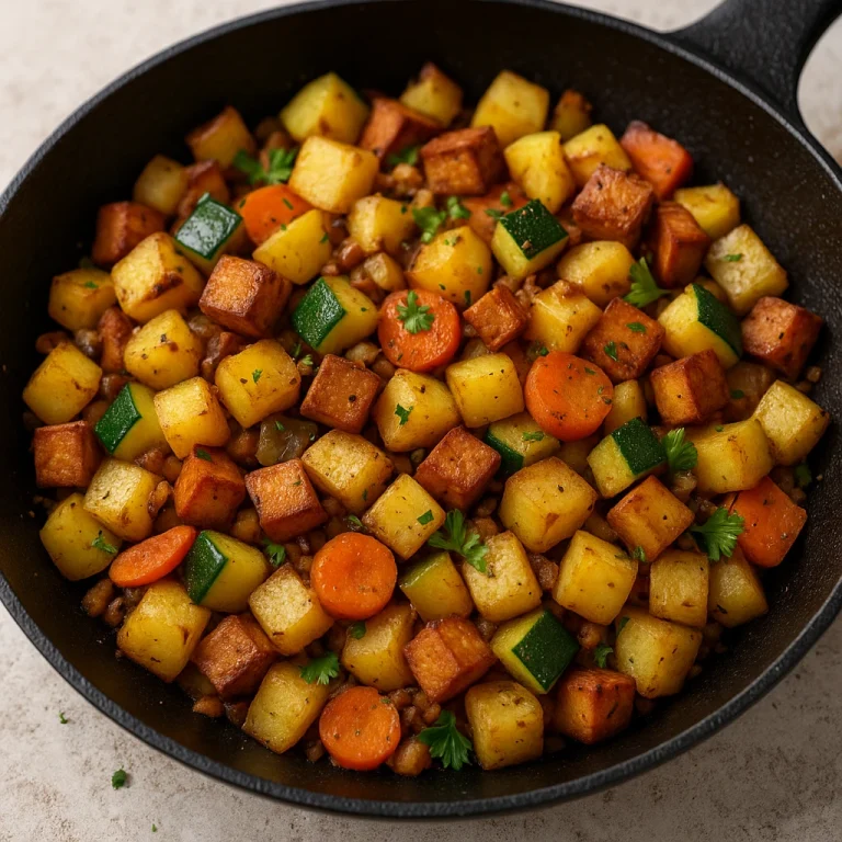 Vegán Pyttipanna sült zöldségekkel és tofuval tálalva