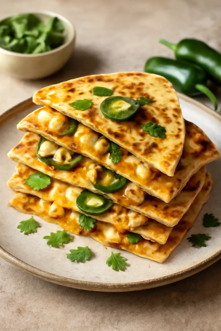 Quesadilla jalapeñóval, ropogós, aranybarna tortilla töltve csirkehússal, sajttal és jalapeñóval