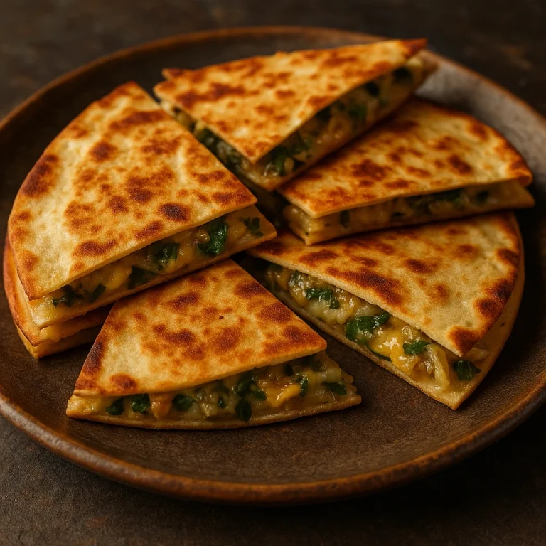 Korianderrel és sajttal töltött quesadilla ropogósra sütve, szeletekre vágva