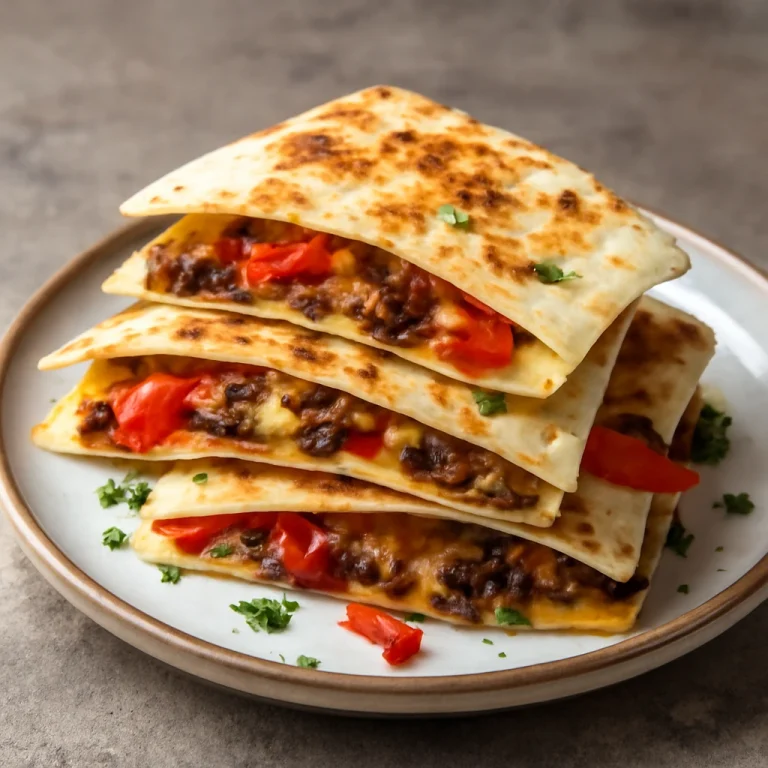 Quesadilla marhahússal, reszelt sajttal és friss paprikával tálalva