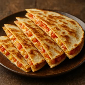 Olvadt sajtos és paradicsomos quesadilla félbevágva tálalva