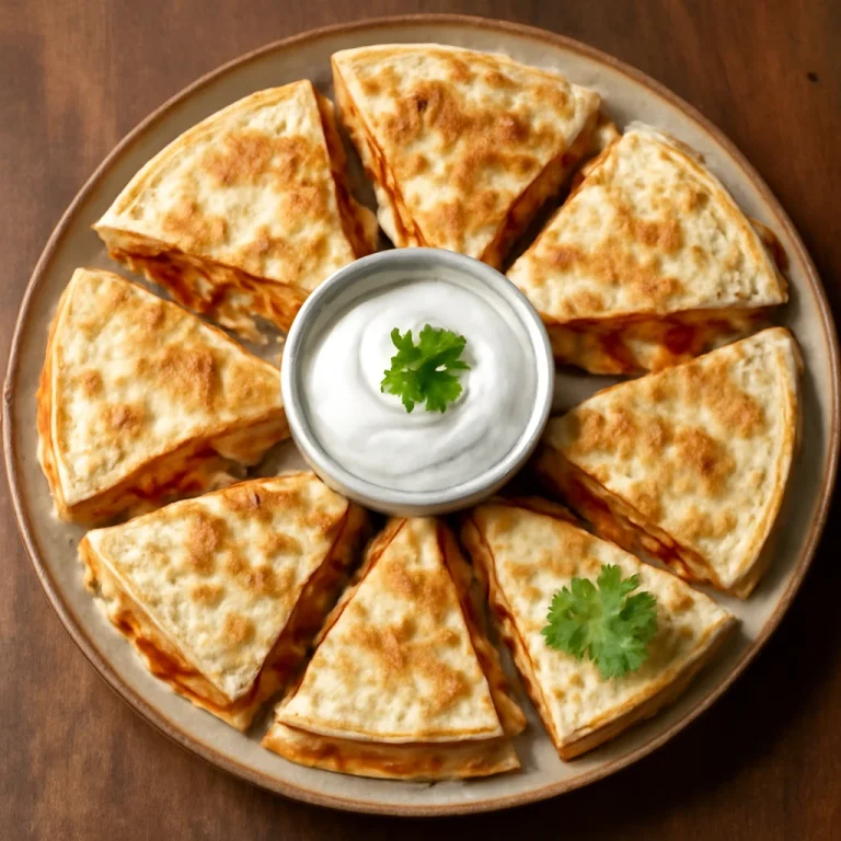 Quesadilla tejföllel és korianderrel tálalva
