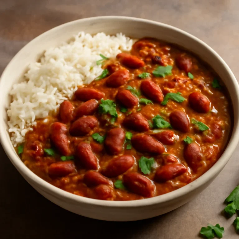 Rajma masala, vörös babos curry, tálalva friss korianderrel és rizssel