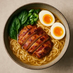 Japán stílusú ramen leves ropogós csirkével és lágy tojással