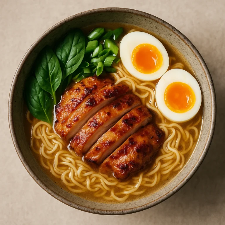 Ramen sült csirkecomb filével, tojással és friss zöldségekkel tálalva