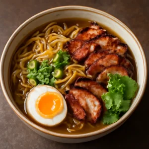 Fűszeres ramen, tojással, füstölt hússal és friss korianderrel