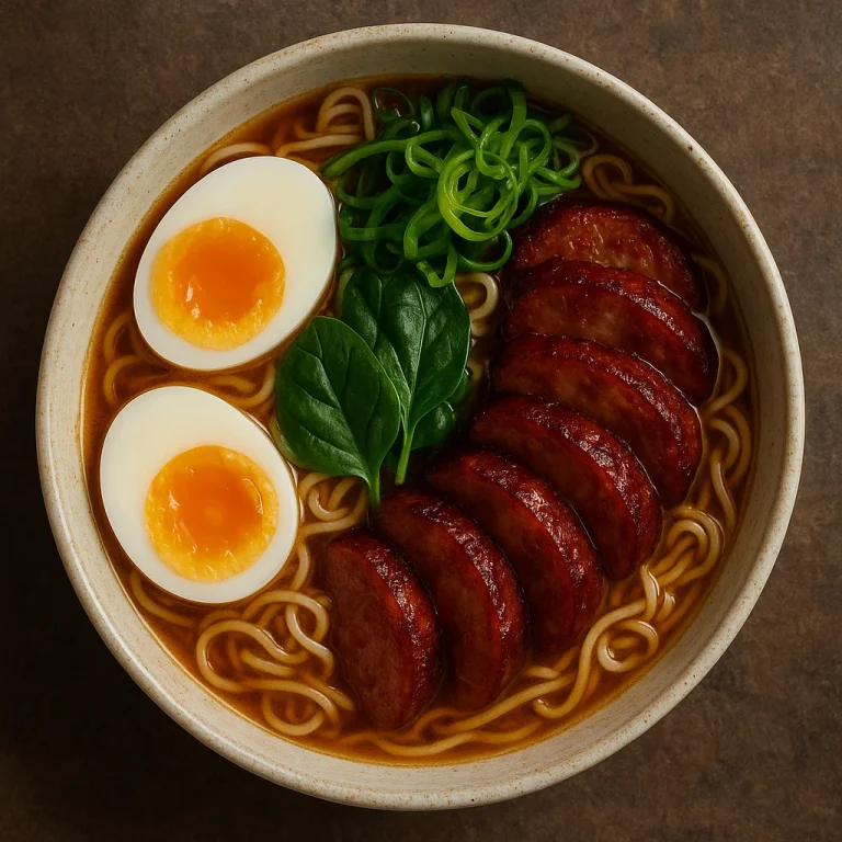 Ramen tészta sült kolbásszal, tojással és zöldségekkel tálalva