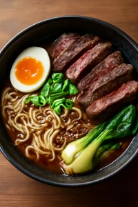 Sült marhahúsos ramen, tojással és zöldségekkel