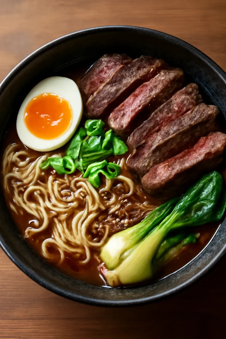 Ramen sült marhahússal, tojással és friss zöldségekkel tálalva