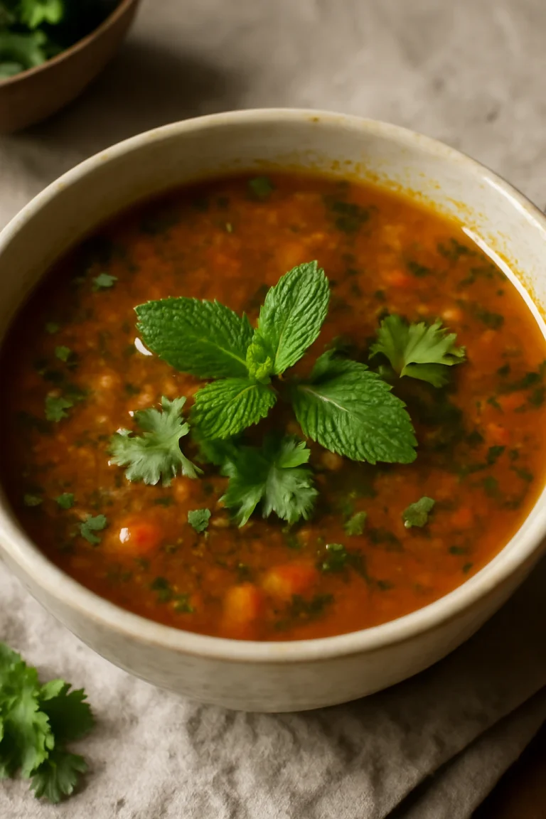 Rasam mentával, frissítő indiai leves tálalva