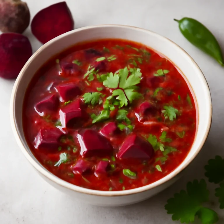 Rasam céklával tálalva, friss korianderrel