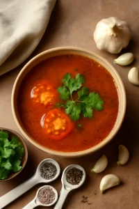 Fűszeres rasam leves, friss cilantroval díszítve