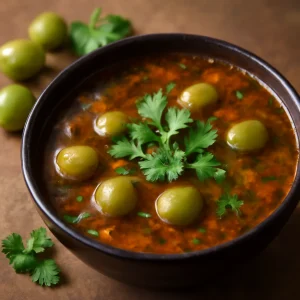 Indiai Rasam leves, friss egres és korianderlevelek
