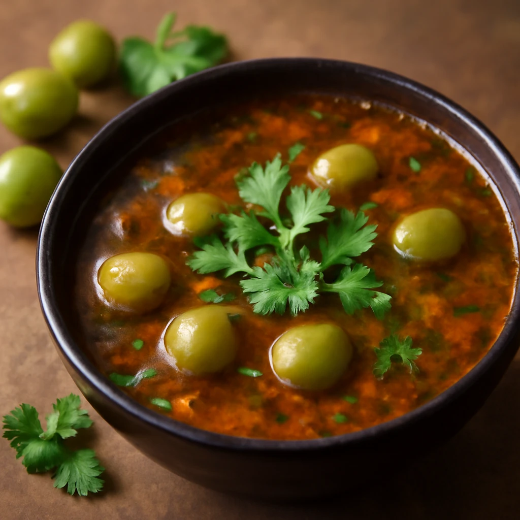 Indiai Rasam leves, friss egres és korianderlevelek