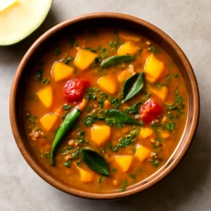 Dél-indiai rasam, friss mangóval és lencsével
