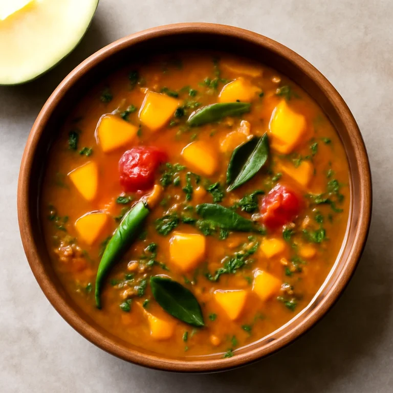 Rasam nyers mangóval, gazdag fűszerekkel tálalva