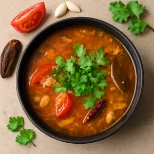 Tamarinddal és paradicsommal készült indiai rasam leves