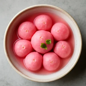Indiai rózsavizes rasgulla tejporból, színes ételfestékkel