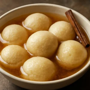 Friss túrós rasgulla fahéjas szirupban tálalva
