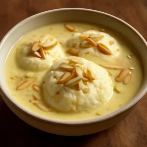 Kókusztejben főzött rasmalai, friss mandulával díszítve