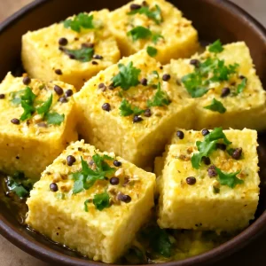 Indiai rava dhokla, párolt búzadarából, fűszeres öntettel